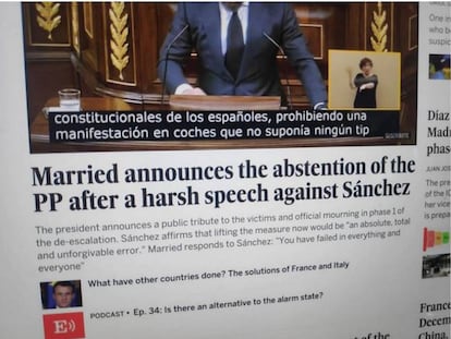 La imagen manipulada de la versión en inglés de EL PAÍS que circuló por redes sociales.