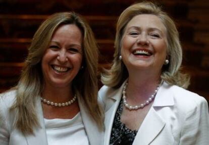 Hillary Clinton and Trinidad Jiménez at the Foreign Ministry in Madrid.