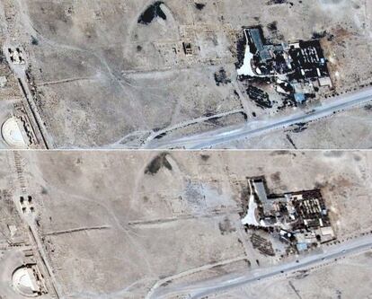 Arriba, una imagen de Palmira del 16 de junio. Abajo, la misma toma, el 27 de agosto. (Imágenes analizadas por UNITAR/UNOSAT