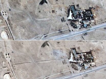 Acima, uma imagem de Palmira de 16 de junho. Abaixo, a mesma tomada, em 27 de agosto. (Imagens analisadas pelo UNITAR/UNOSAT
