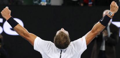 Nadal celebra su victoria ante Raonic.