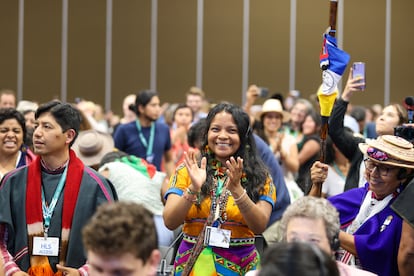 Delegados celebran tras aprobarse una medida para reconocer el papel que desempe?an los afrodescendientes en la conservacin, en la cumbre de naturaleza COP16 de las Naciones Unidas en Cali, Colombia, el 2 de noviembre de 2024.