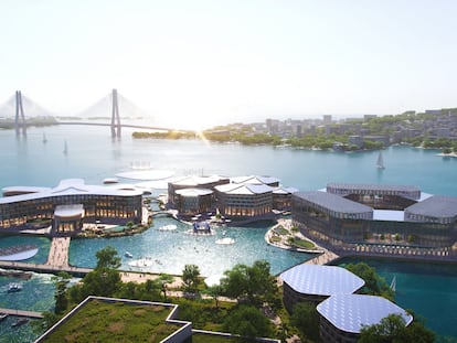 Una recreación artística de la ciudad flotante de Oceanix Busan, que ocuparía 60.000 metros cuadrados y tendría tres módulos flotantes hexagonales.