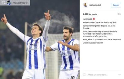 Imagen de Instagram publicada por la Real Sociedad con Oyarzabal celebrando su gol al Villarreal.