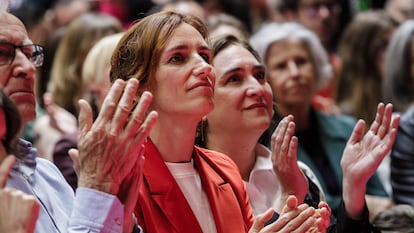 Desde la izquierda, Joan Ribó, alcalde de Valencia; Mónica García, portavoz de Más Madrid en la Asamblea de Madrid, y Ada Colau, alcadesa de Barcelona.
