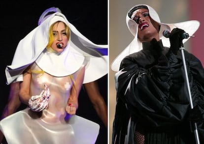 La cantante Lady Gaga, durante un concierto en 2011. A la derecha, Grace Jones, en una actuación en 2002.