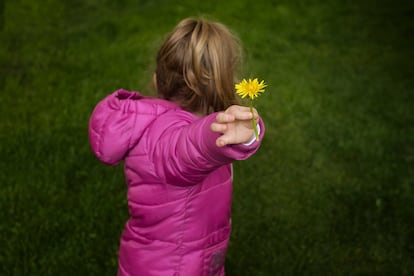 Por fin llega el gran día, la vuelta a la calle. Llueve. Catalina se calza sus botas de agua nuevas y sale a dar un paseo. Una flor cogida el primer día de paseo en la calle.