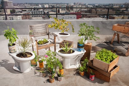 Jardín de azotea con materiales reciclados.