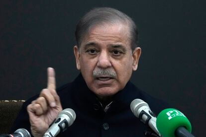 Pakistan's former Prime Minister Shehbaz Sharif speaks during a press conference regarding parliamentary elections, in Lahore, Pakistan, Tuesday, Feb. 13, 2024.