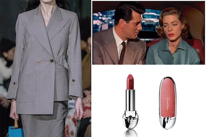 Imitar el estilo atemporal de Lauren Bacall es tan sencillo como hacerse con un traje sastre, como este deconstruido de Eudon Choi, y añadir el toque de color con la barra de labios Rouge G Nº 25 de Guerlain. Los accesorios, mejor con textura, como la carcasa de efecto piel Rouge G Imperial.