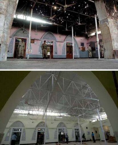 La Mezquita Roja, antes y después del teñido de sus muros