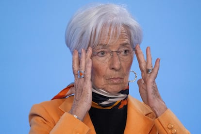 La presidenta del BCE, Christine Lagarde, en rueda de prensa en marzo. 
