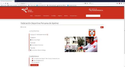 Captura, el pasado lunes, de la página correspondiente a la Federación de Ajedrez del portal oficial del Instituto Peruano del Deporte; Boris Ascue figura como presidente, 40 días después de haber sido destituido e inhabilitado.