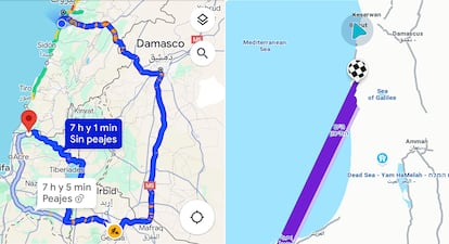 Capturas de pantalla de los servicios de navegación (Google Maps y Waze) al acercarse al norte de Israel, que sitúan erróneamente en Líbano o en Egipto o borra las localidades, por las interferencias que efectúa el ejército para dificultar los ataques.