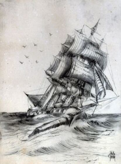 El barco 'Essex' que inspiró 'Moby Dick', hundido por una ballena el 20 de noviembre de 1820, dibujado por el marino y artista Clarence W. DeMontigny.