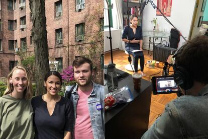 Naomi Burton com Alexandria Ocasio-Cortez e Nick Hayes. À direita, Ocasio grava seu vídeo viral produzido pela dupla