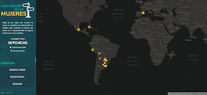 Proyecto colaborativo de Geochicas para producir un mapa a partir de las calles que cuenten con un nombre de alguna mujer en Latinoamérica y España.