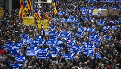 Manifestaci&oacute; a favor de l&#039;acollida dels refugiats a Barcelona.