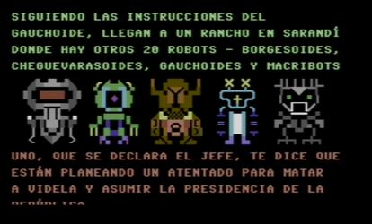 Pantallazo del videojuego 'Elige tu propio gauchoide', creado por el colectivo hacker Pungas de Villa Martelli al estilo Commodore 64, basado en el libro de relatos '¿Sueñan los gauchoides con ñandúes eléctricos?', de Michel Nieva.