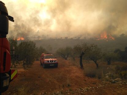 Imagen del incendio declarado el 6 de agosto en la localidad valenciana de Llutxent que ha obligado a desalojar "de forma preventiva" viviendas en los municipios de La Drova y Barx.
