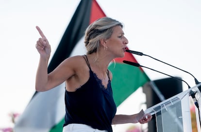 La líder de Sumar y vicepresidenta segunda y ministra de Trabajo y Economía Social, Yolanda Díaz, durante un acto por Palestina, en Rivas Vaciamadrid el 28 de mayo. 