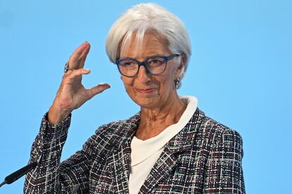 La presidenta del BCE, Christine Lagarde, en rueda de prensa tras el Consejo de Gobierno del 18 de julio.