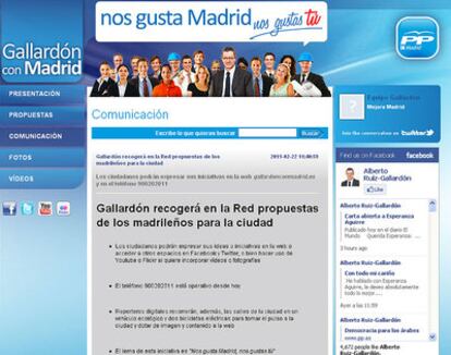 Portada de la nueva web de Gallardón, con el lema <i>Nos gusta Madrid nos gustas tú</i>.