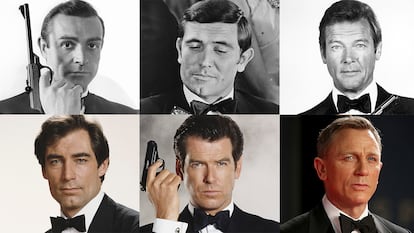 Los actores que han interpretado a James Bond, en la fila de arriba, desde la izquierda, Sean Connery, George Lazenby y Roger Moore. En la fila de abajo, Timothy Dalton, Pierce Brosnan y Daniel Craig