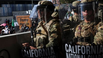 Members of the California National Guard blocking an entrance to the Federal Building on June 9.