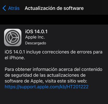 Actualización de iOS 14.0.1.