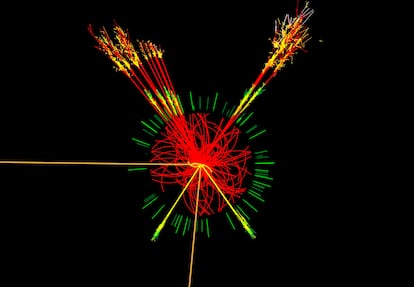 Simulación de la producción de un bosón de Higgs en el detector Atlas del LHC, en Ginebra.