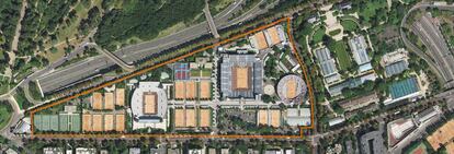 Vista aérea del actual estado del complejo de Roland Garros, en París.