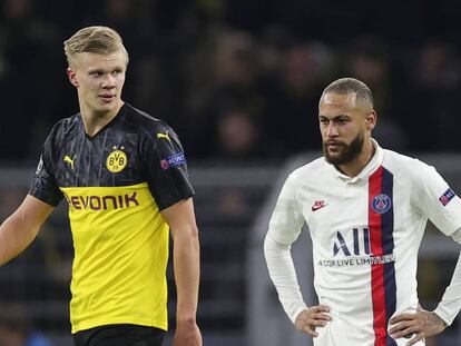 Haaland e Neymar, autores dos gols no jogo de ida em Dortmund.