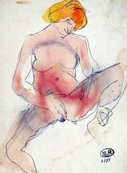 <i>Femme nue assise aux jambes écartées, une main au sexe, </i><b>dibujo a lápiz y </b>acuarela (hacia 1890).