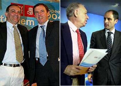 José Manuel García Margallo y Francisco Camps (izquierda), en la sede del PP, y Joan Calabuig y Joan Ignasi Pla, en la sala Gran Caimán.