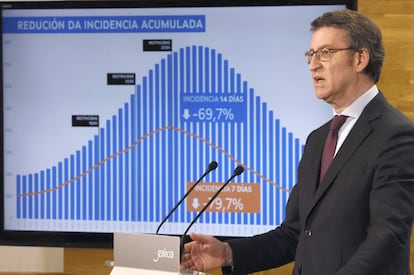 El presidente de la Xunta, Alberto Núñez Feijóo, durante una rueda de prensa el lunes.