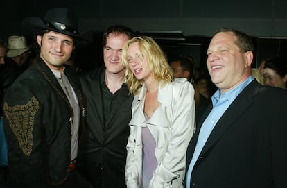 Robert Rodriguez, Quentin Tarantino, Uma Thurman and Harvey Weinstein in 2004.