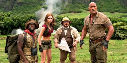 O quarteto protagonista de “Jumanji: Bem-vindo à Selva”.