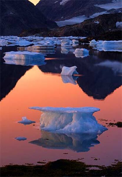 Bloques de hielo flotan en la costa de Groenlandia, en el verano de 2005, por el calentamiento global.