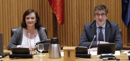 La presidenta de la Autoridad Independiente de Responsabilidad Fiscal (AIReF), Cristina Herrero, la pasada semana en el Congreso junto a Patxi López, presidente de la Comisión de Reconstrucción.