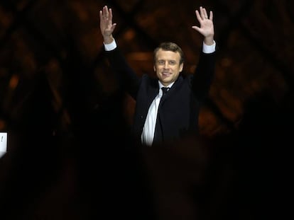 Emmanuel Macron durante la celebraci&oacute;n de su victoria en las elecciones.