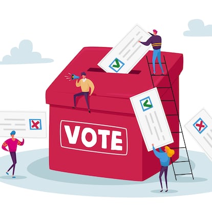 Election and Social Poll Concept. Tiny Voters Male and Female Characters Casting Ballots at Polling Place During Voting Put Paper Ballot in Box, Man with Megaphone. Cartoon People Vector Illustration