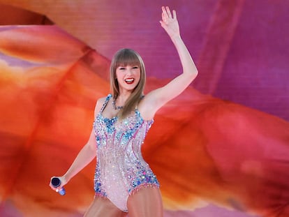 Taylor Swift during a concert at the Santiago Bernabéu stadium in Madrid, in May.