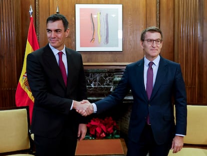 Pedro Sánchez y Alberto Núñez Feijóo, durante una reunión en el Congreso el 22 de diciembre.