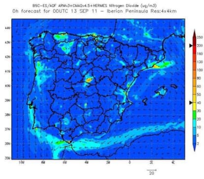 Estado de la calidad del aire en la medianoche del 13 al 14, cuando los niveles de NO2 estaban muy altos en Madrid.