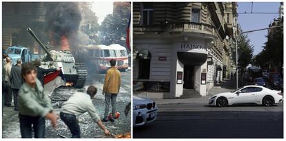 En la imagen de la izquierda, enfrentamientos entre ciudadanos checoslovacos y las tropas soviéticas, el 21 de agosto de 1968. En la imagen de la derecha varios coches circulan por la misma avenida el 16 de agosto de 2018.