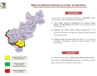 Mapa elaborado por la Secretaría de la Defensa Nacional de la presencia de organizaciones criminales en Querétaro.