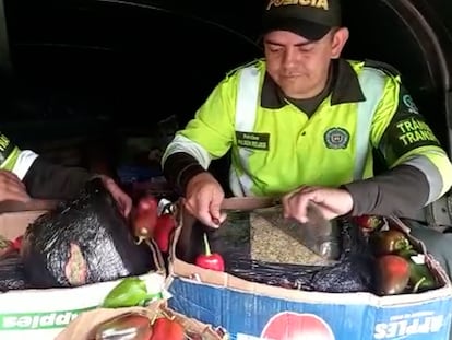 Fotograma de un video de la Policía Nacional de Colombia, donde dos agentes encuentran marihuana escondida en unas cajas que contenían pimentones.