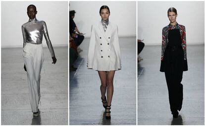 Tres de los diseños de Misha Nonoo, presentados en la Semana de la Moda de Nueva York en febrero de 2015.