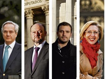 De izquierda a derecha: Pedro G&oacute;mez de la Serna (PP), Antonio Pradas (PSOE), Alberto Garz&oacute;n (IU), Rosa D&iacute;ez (UPyD) y Juan Carlos Monedero (Podemos). 